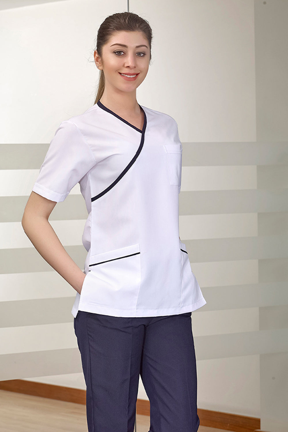 Top White Bottom Navy Blue Double Breasted Collar Suit (Lux Lycra Fabric)