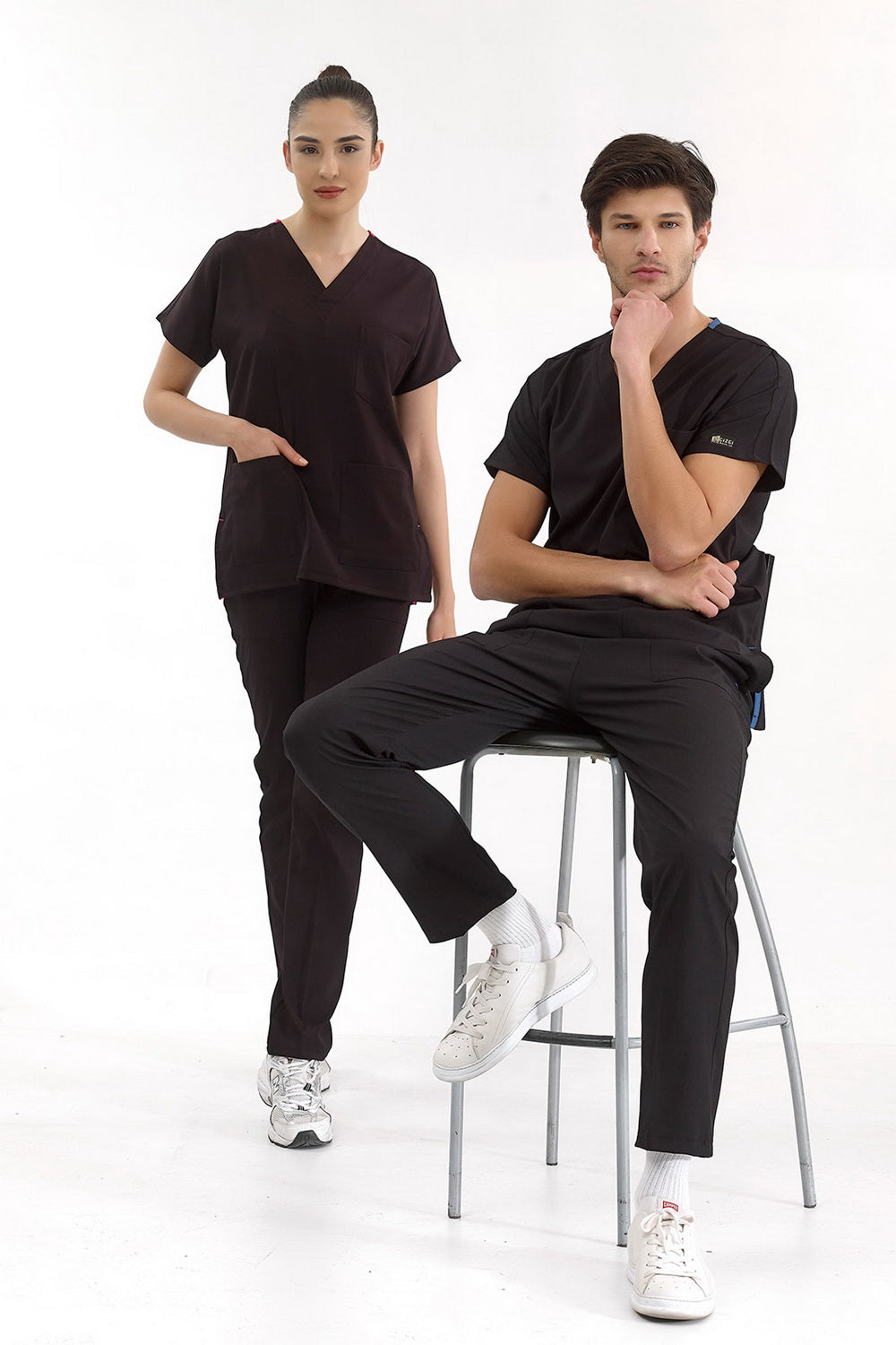 Classic Surgical Collar Scrubs Suit - Black (Thin Fabric)