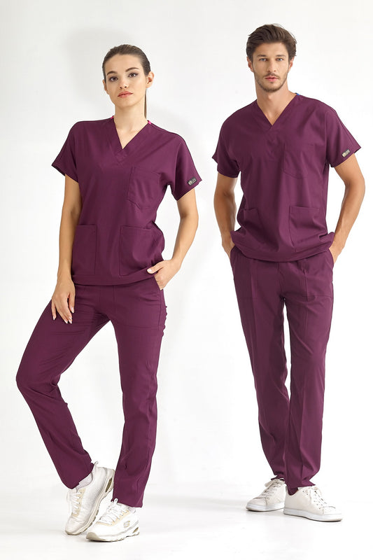Classic Surgical Collar Scrubs Suit - Damson (Thin Fabric)
